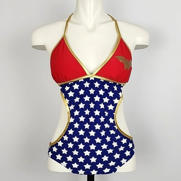 Wonder Woman One Piece DC Comics Red Blue Star Monokini Bathing Swimsuit Sz M - Picture 6 of 16